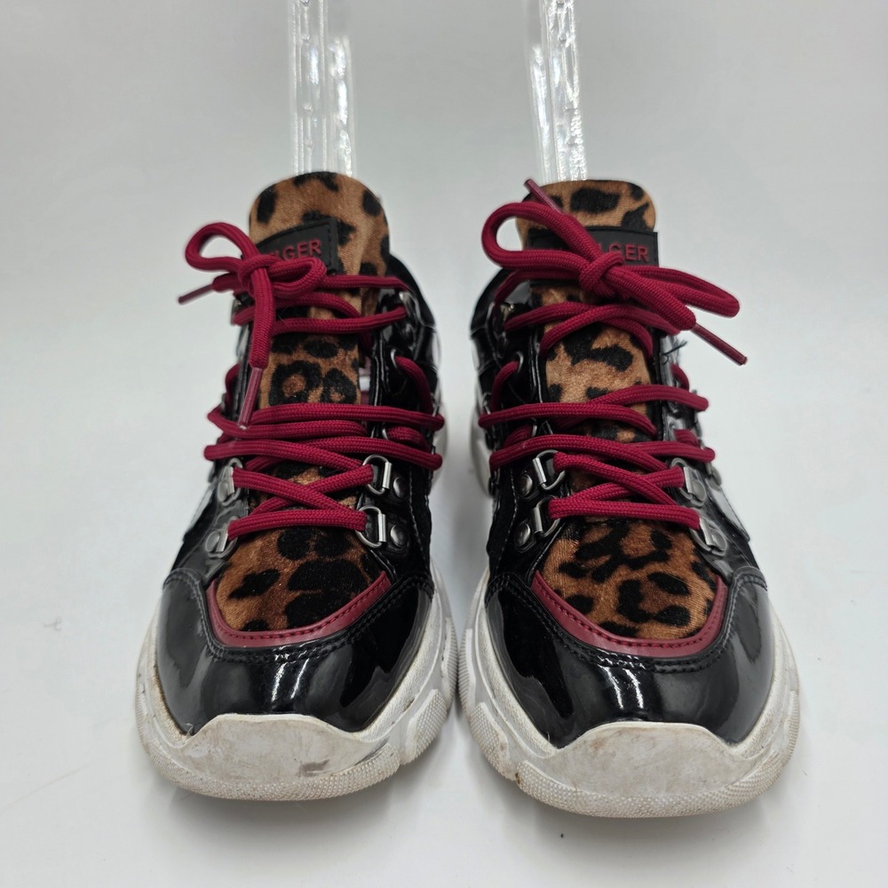 Tommy Hilfiger Womens Leopard Print Chunky Platform Sneakers Black Burgundy 6